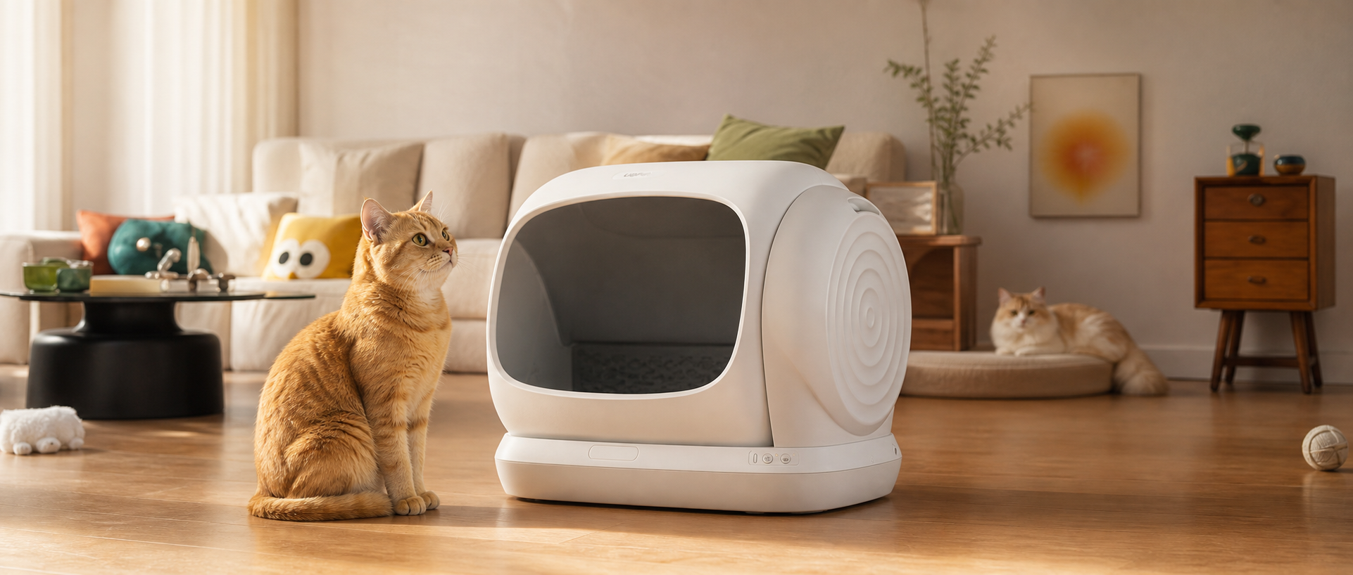 明るいリビングで猫と並ぶUBPET C41全自動猫トイレ